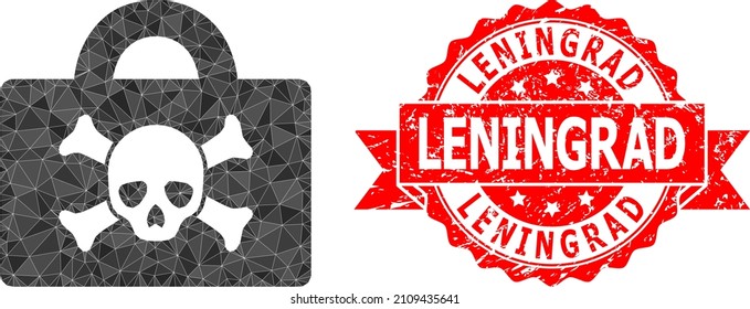 Lowpoly polygonal mortal case 2d illustration, and Leningrad dirty stamp seal. Red stamp seal includes Leningrad caption inside ribbon. Vector mortal case icon is filled with triangles.