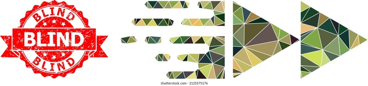 Low-Poly polygonal move military camouflage icon illustration, and Blind rubber seal print. Red seal has Blind caption inside ribbon. Vector move icon is filled with camouflage triangle mosaic.