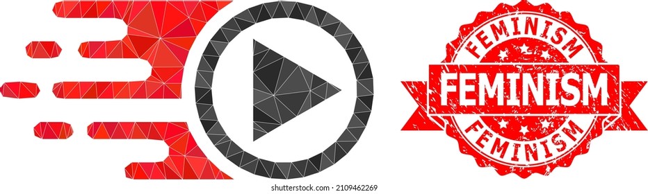 Lowpoly polygonal move right icon illustration, and Feminism corroded stamp. Red stamp seal contains Feminism text inside ribbon. Vector move right icon filled with triangles.