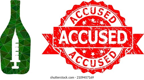 Low-Poly polygonal narcotic alcohol icon illustration, and Accused rubber stamp seal. Red stamp seal includes Accused title inside ribbon. Vector narcotic alcohol icon filled with triangle mosaic.