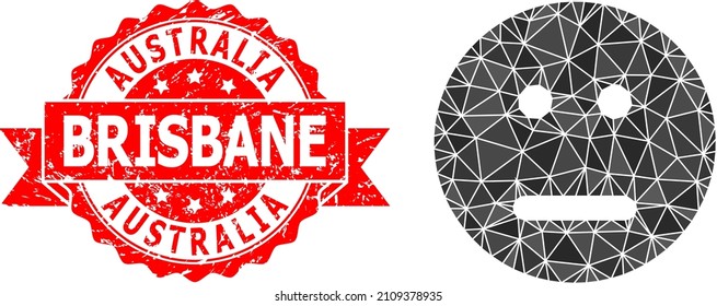 Lowpoly polygonal neutral smiley symbol illustration, and Australia Brisbane scratched stamp seal. Red stamp seal has Australia Brisbane text inside ribbon.