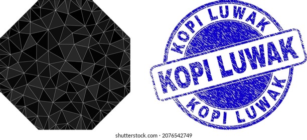 Low-Poly polygonal octagon symbol illustration with KOPI LUWAK scratched seal imitation. Blue seal includes Kopi Luwak text inside circle shape. Octagon icon is filled using triangle mosaic.