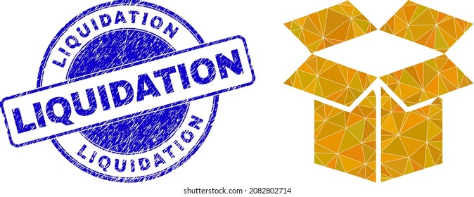 Low-Poly polygonal open carton box symbol illustration with LIQUIDATION rubber seal. Blue stamp seal contains Liquidation caption inside circle shape. Open carton box icon is filled with triangles.