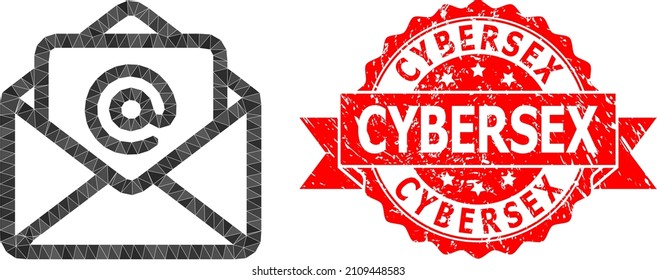 Low-Poly polygonal open email icon illustration, and Cybersex grunge watermark. Red stamp seal contains Cybersex tag inside ribbon. Vector open email icon filled using triangles.