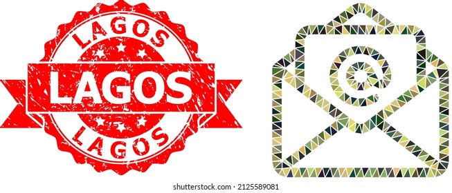 Low-Poly-Polygonal-offene E-Mail-Militär Tarnung Symbol Illustration und Lagos Gummi Siegel Imitation. Der rote Stempel enthält Lagos-Text in der Schleife.