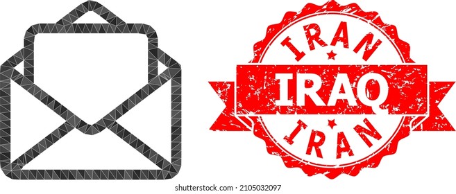 Ilustración 2d de letra abierta poligonal floja e Irán impresión de sello grunge Iraq. El sello rojo tiene el texto de Irán Iraq dentro de la cinta. El icono de la letra abierta del vector se rellena con triángulos.