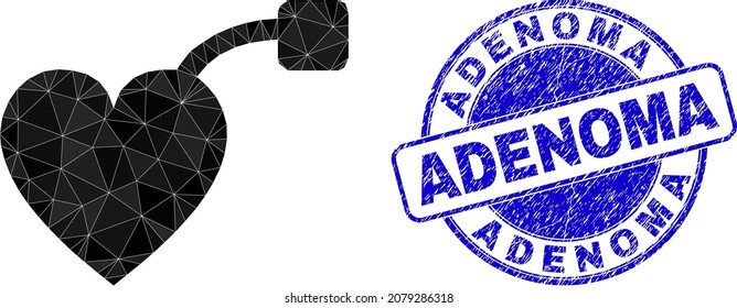 Low-Poly polygonal pacemaker 2d illustration with ADENOMA dirty seal print. Blue stamp seal contains Adenoma title inside round shape. Pacemaker icon filled with triangle mosaic.