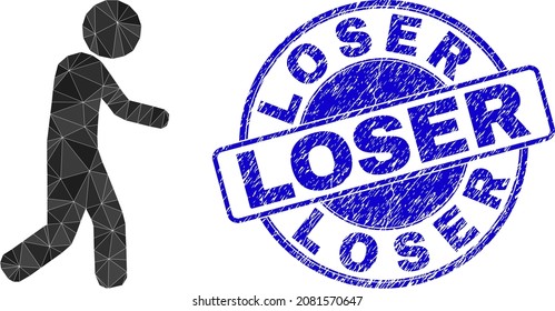 Low-Poly polygonal pedestrian 2d illustration with LOSER corroded seal. Blue stamp seal contains Loser caption inside circle shape. Pedestrian icon filled with triangle mosaic.