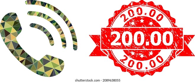 Low-Poly polygonal phone call military camouflage symbol illustration, and 200.00 rubber stamp seal. Red stamp seal includes 200.00 title inside ribbon.
