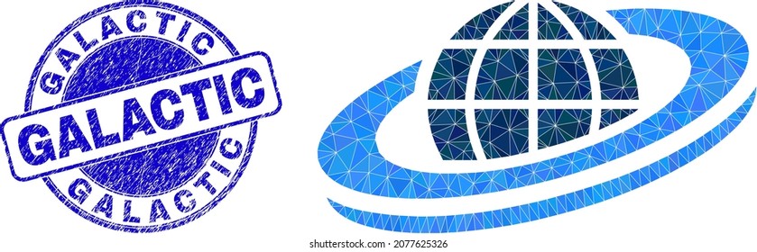 Low-Poly polygonal planet orbit 2d illustration with Galactic grunge seal print. Blue seal includes Galactic tag inside circle form. Planet orbit icon is filled with triangle mosaic.