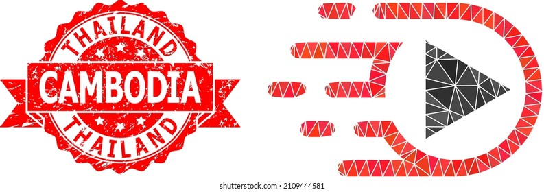 Lowpoly polygonal play function icon illustration, and Thailand Cambodia dirty seal print. Red stamp seal has Thailand Cambodia text inside ribbon. Vector play function icon is filled using triangles.