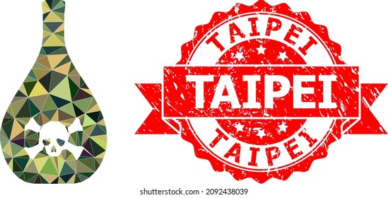 Low-Poly polygonal poison jug military camouflage icon illustration, and Taipei corroded stamp seal. Red seal contains Taipei tag inside ribbon.
