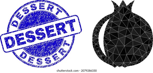Ilustración del símbolo de la fruta granada poligonal baja en polo y marca de agua rayada DESSERT. El sello azul tiene la leyenda de postre en forma redonda. El icono de la fruta granada está lleno de triángulos.