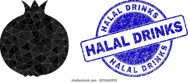 Lowpoly polygonal Pomegranate symbol illustration with Halal Drinks corroded seal imitation. Blue seal contains Halal Drinks text inside round it. Pomegranate icon filled using triangles.