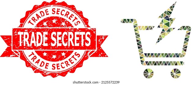 Low-Poly polygonal proceed purchase military camouflage icon illustration, and Trade Secrets scratched stamp. Red stamp has Trade Secrets title inside ribbon.