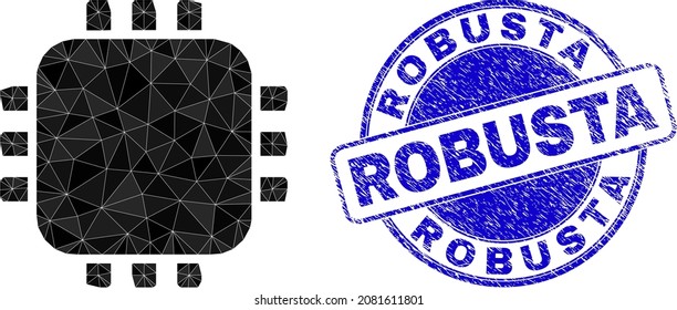 Lowpoly polygonal processor icon illustration with Robusta textured seal imitation. Blue stamp seal contains Robusta tag inside circle shape. Processor icon is filled with triangle mosaic.