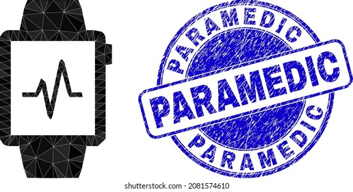 Low-Poly polygonal pulse tracker symbol illustration, and Paramedic dirty stamp seal. Blue seal has Paramedic text inside circle it. Pulse tracker icon is filled with triangle mosaic.