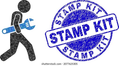 Low-Poly polygonal repairman icon illustration with Stamp Kit dirty stamp seal. Blue stamp has Stamp Kit caption inside circle shape. Repairman icon filled with triangles.