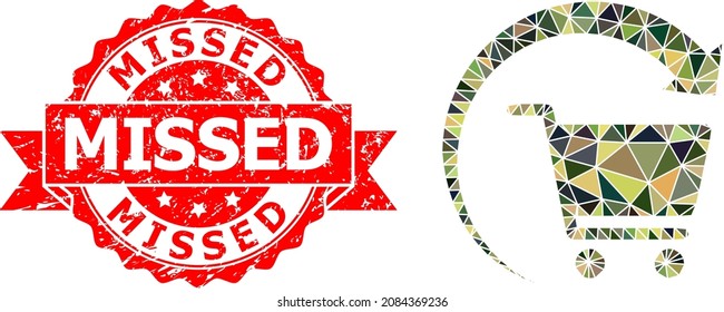 Low-Poly polygonal repeat shopping order military camouflage 2d illustration, and Missed unclean stamp seal. Red stamp seal contains Missed caption inside ribbon.