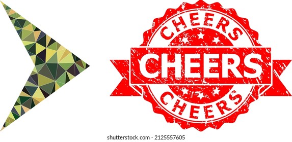 Lowpoly polygonal right direction military camouflage 2d illustration, and Cheers rubber stamp seal. Red seal includes Cheers text inside ribbon.