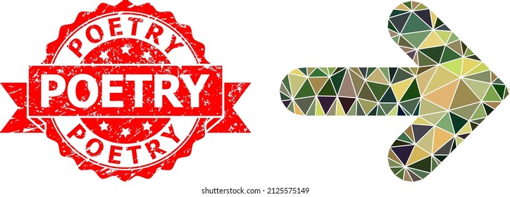 Ilustración de icono de camuflaje militar de dirección derecha poligonal baja y huella de sello corroída por poesía. El sello rojo incluye la etiqueta de poesía dentro de la cinta.