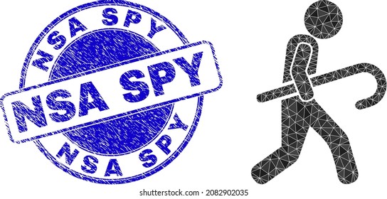 Lowpoly polygonal robber symbol illustration, and NSA SPY corroded stamp seal. Blue stamp seal includes NSA Spy caption inside round shape. Robber icon is filled using triangle mosaic.