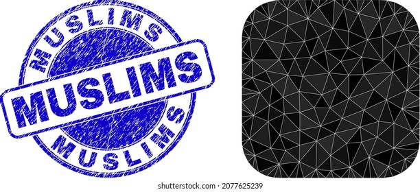 Low-Poly-Polygonal, abgerundete quadratische Ikone mit Moslems schmutzigen Siegel. Die blaue Briefmarke trägt den Titel der Muslime in runder Form. Das abgerundete quadratische Symbol wird mit Dreiecken gefüllt.