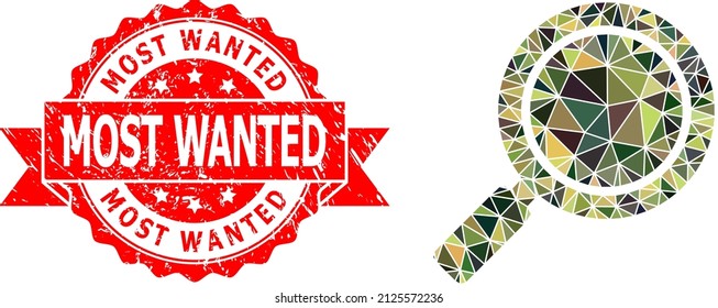 Low-Poly polygonal search loupe military camouflage icon illustration, and Most Wanted textured seal print. Red seal has Most Wanted caption inside ribbon.