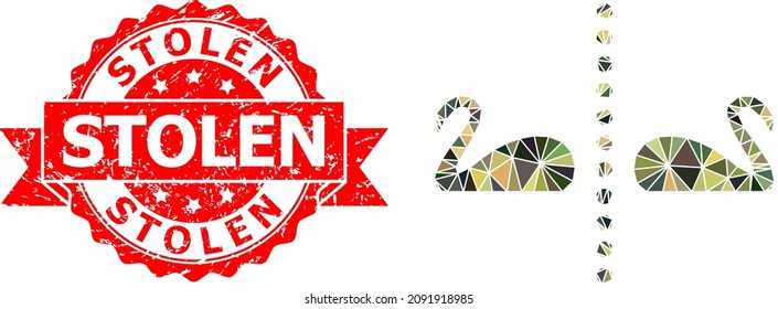 Low-Poly polygonal separate swans military camouflage 2d illustration, and Stolen unclean stamp seal. Red seal includes Stolen tag inside ribbon.