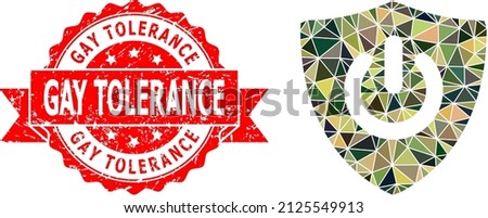 Low-Poly polygonal shield turn off military camouflage icon illustration, and Gay Tolerance rubber stamp seal. Red stamp seal contains Gay Tolerance caption inside ribbon.