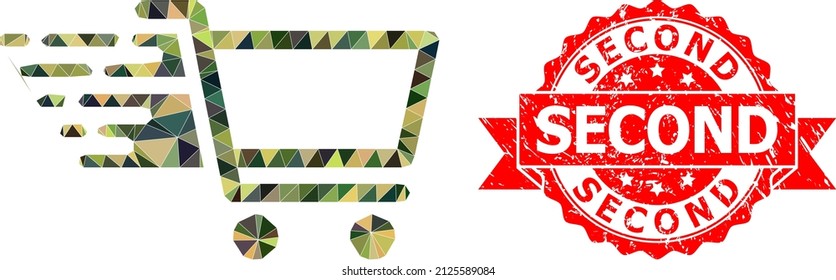 Low-Poly polygonal shop cart military camouflage icon illustration, and Second grunge stamp seal. Red seal contains Second caption inside ribbon.