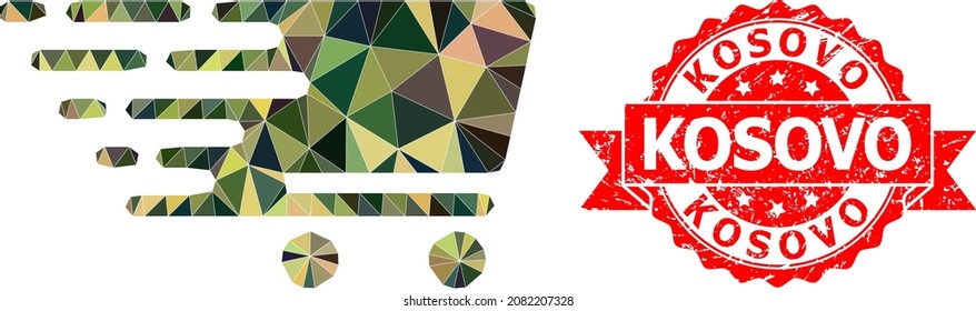 Low-Poly polygonal shopping cart military camouflage symbol illustration, and Kosovo unclean stamp seal. Red stamp includes Kosovo caption inside ribbon.