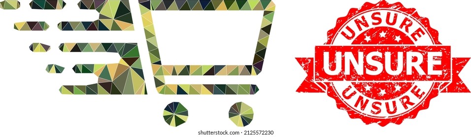 Low-Poly Polygonal Shopping Cart Military Camouflage Icon Illustration, And Unsure Dirty Stamp Seal. Red Stamp Includes Unsure Title Inside Ribbon.