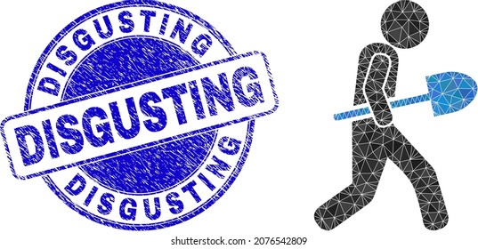 Low-Poly polygonal shovel courier icon illustration, and DISGUSTING rubber watermark. Blue seal contains Disgusting tag inside circle form. Shovel courier icon is filled with triangles.