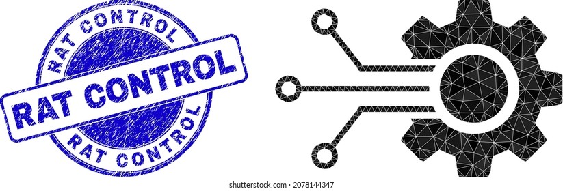 Low-Poly-Polygonal-Schaltgeräusch-Symbol und RAT CONTROL-Schmutzsiegelimitation. Die blaue Stempelrobbe enthält den Rattenkontrolltitel in runder Form.