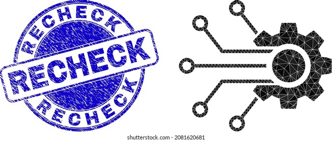 Lowpoly polygonal smart gear contacts 2d illustration with Recheck textured seal. Blue stamp seal has Recheck caption inside circle it. Smart gear contacts icon filled with triangle mosaic.