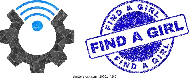 Low-Poly polygonal smart gear icon illustration, and Find a Girl corroded stamp seal. Blue seal has Find a Girl title inside round it. Smart gear icon filled with triangle mosaic.