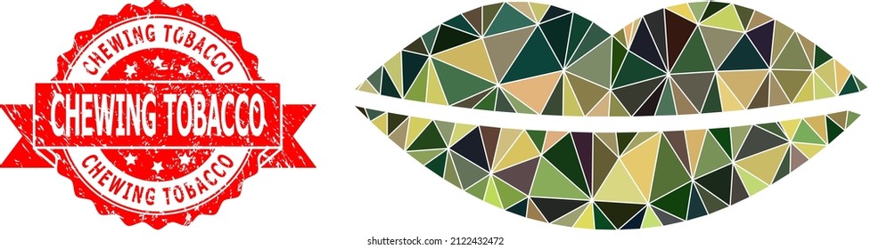 Low-Poly polygonal smile lips military camouflage 2d illustration, and Chewing Tobacco scratched seal. Red seal has Chewing Tobacco title inside ribbon.