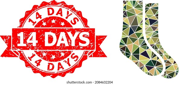 Low-Poly polygonal socks military camouflage 2d illustration, and 14 Days scratched seal print. Red seal has 14 Days title inside ribbon. Vector socks icon is filled with camouflage triangles.