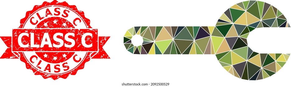 Ilustración de icono de camuflaje militar de poligonera baja y estampado impuro de clase C. El sello rojo tiene texto de clase C dentro de la cinta. Icono de la herramienta de vectores rellenado con triángulos de camo.
