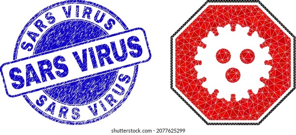 Low-Poly-Poly-Stopp-Coronavirus-Octagon-Ikone-Illustration mit Sars-Virus korrodiertem Wasserzeichen. Blaue Robbe hat Sars-Virus-Titel in runder Form.