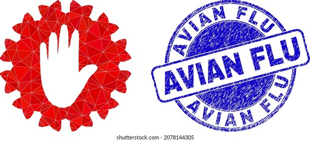 Ilustración del icono del coronavirus de la mano de parada poligonal baja con sello sucio de la gripe aviar. El sello azul incluye la etiqueta de la gripe aviar en forma de círculo.