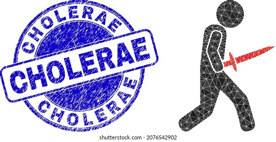 Low-Poly polygonal sword warrior icon illustration with Cholerae unclean stamp seal. Blue stamp seal has Cholerae text inside circle it. Sword warrior icon filled with triangle mosaic.