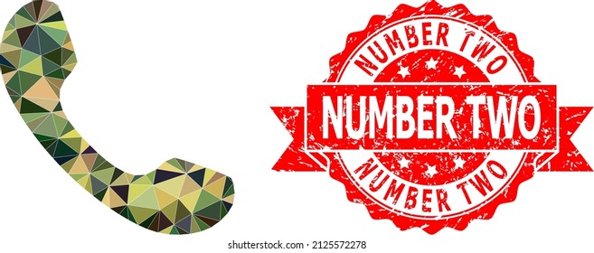 Low-Poly polygonal telephone military camouflage symbol illustration, and Number Two rubber seal. Red seal includes Number Two tag inside ribbon.