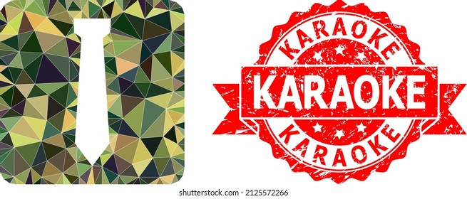 Low-Poly polygonal tie military camouflage icon illustration, and Karaoke grunge stamp seal. Red seal has Karaoke text inside ribbon. Vector tie icon is filled using camo triangles.