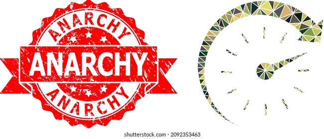 Lowpoly polygonal time forward military camouflage symbol illustration, and Anarchy dirty seal. Red stamp seal contains Anarchy tag inside ribbon.