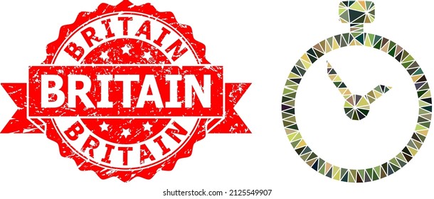 Low-Poly polygonal time military camouflage icon illustration, and Britain grunge stamp seal. Red stamp seal has Britain caption inside ribbon.