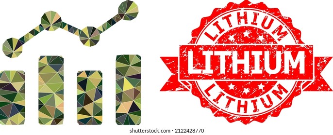 Low-Poly polygonal trend chart military camouflage icon illustration, and Lithium scratched stamp. Red seal includes Lithium caption inside ribbon.