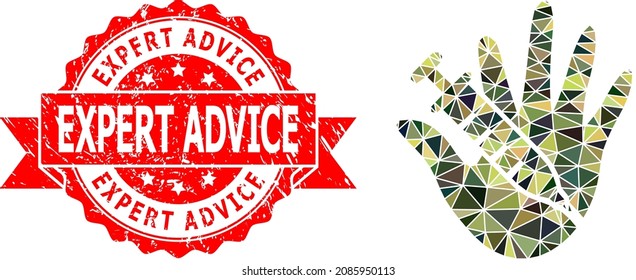 Low-Poly polygonal vaccine stop hand military camouflage icon illustration, and Expert Advice scratched seal imitation. Red stamp seal includes Expert Advice tag inside ribbon.