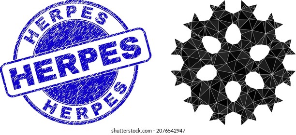 Low-Poly-Polygonal-Virus-Symbol-Illustration mit Herpes-Grunge-Stempel-Siegel. Das blaue Stempelsiegel enthält Herpes-Text in seiner Umlaufrichtung. Virus-Zellen-Symbol gefüllt mit Dreieck-Mosaik.